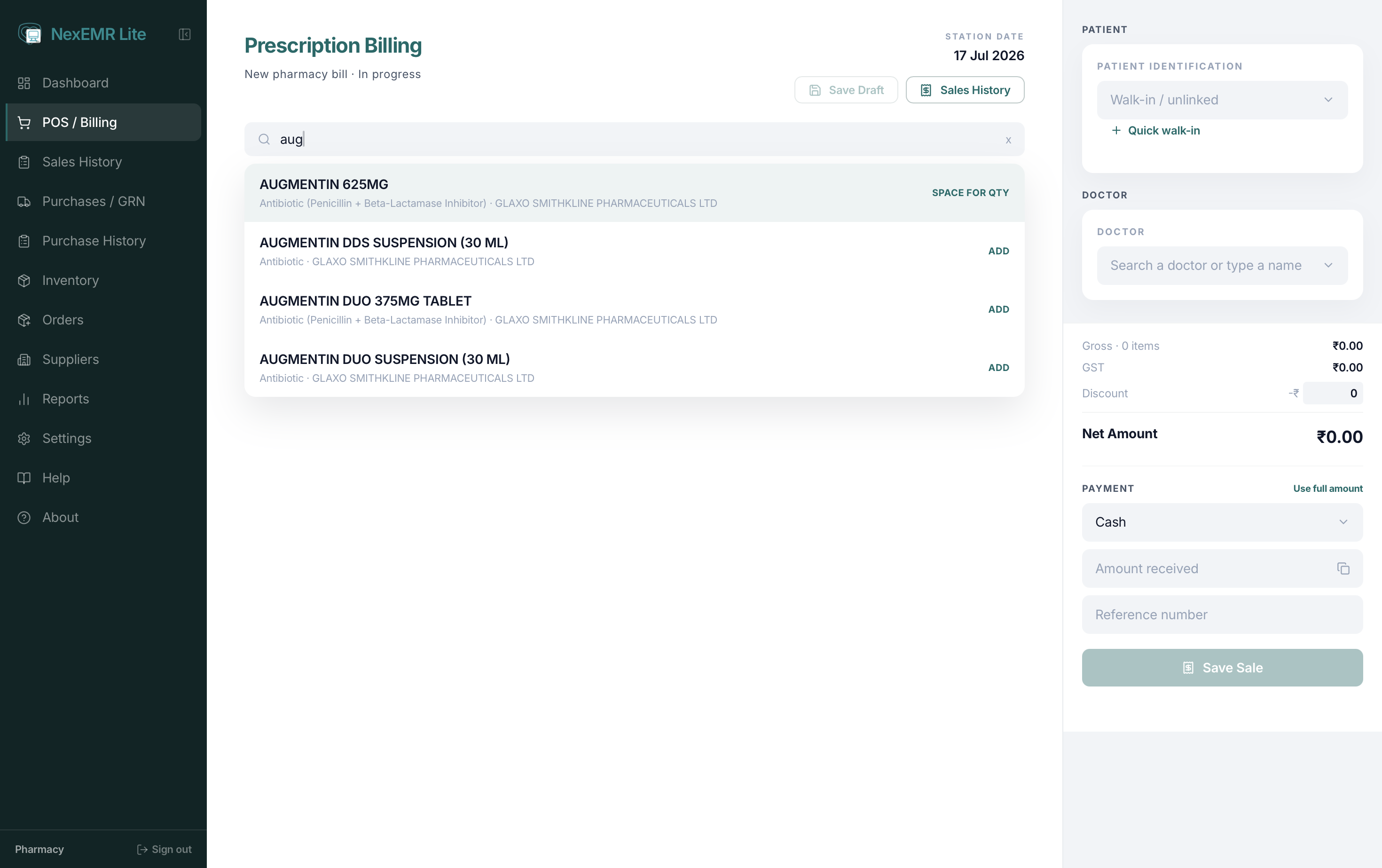 Pharmacy billing screen