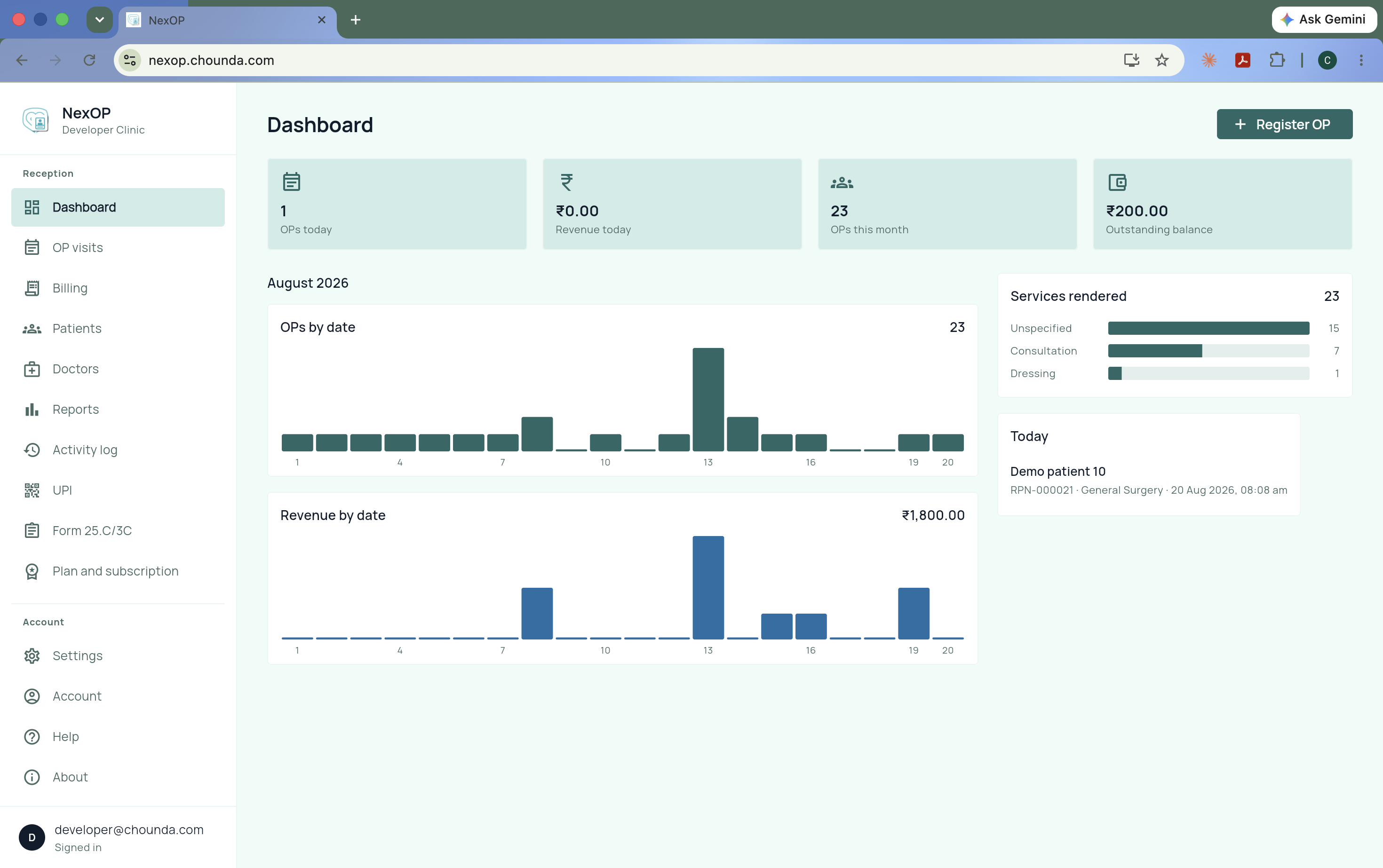 NexOP dashboard in a desktop browser showing OPs today, revenue today, OPs this month, outstanding balance, and charts for OPs and revenue by date