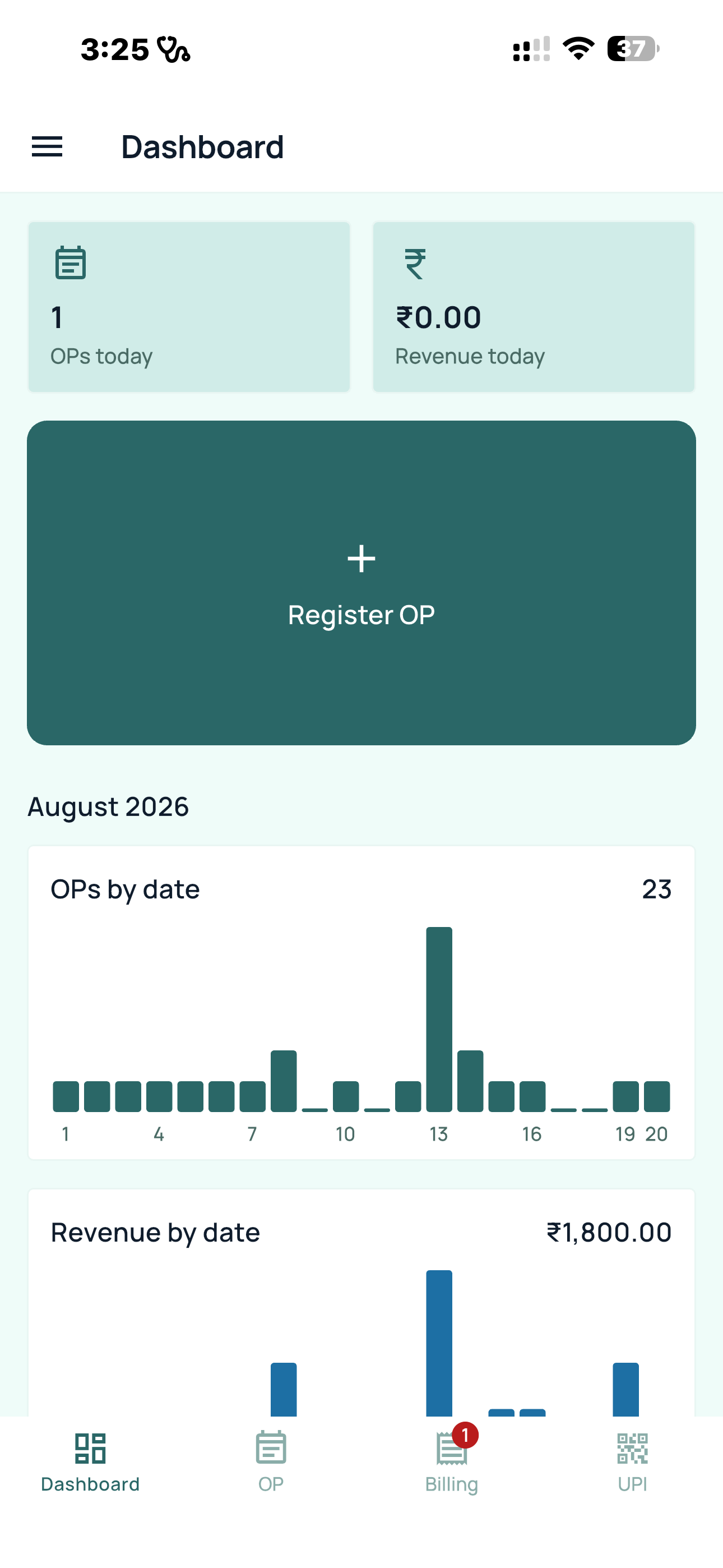 NexOP mobile dashboard showing OPs today, revenue today, a Register OP button and OPs by date chart