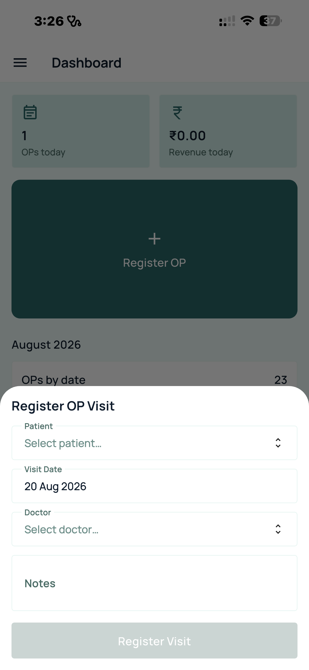NexOP mobile Register OP Visit sheet with patient, visit date, doctor and notes fields